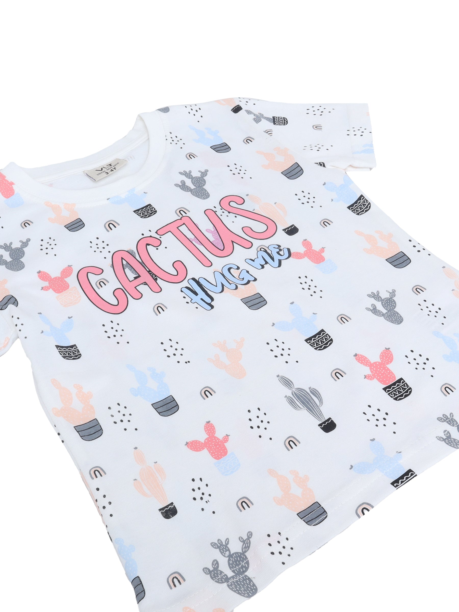 Girls Cactus Print Cotton Pajama Set “ T-Shirt & Shorts Nightwear