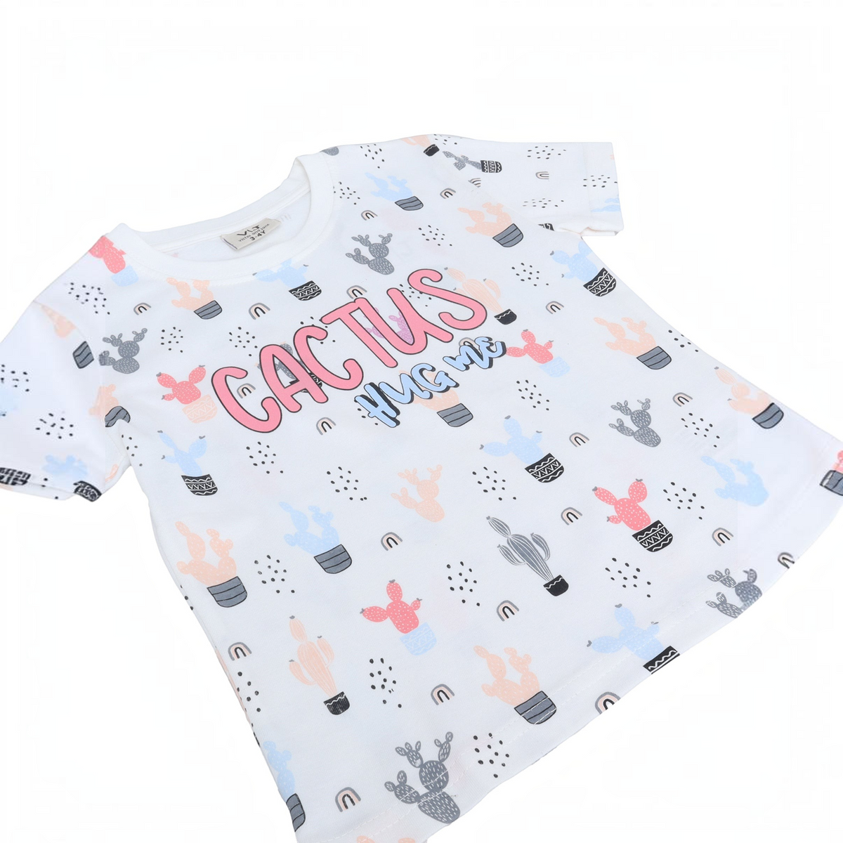 victor and jane girls white cotton t-shirt featuring a colourful cactus print and Cactus Hug Me text graphic