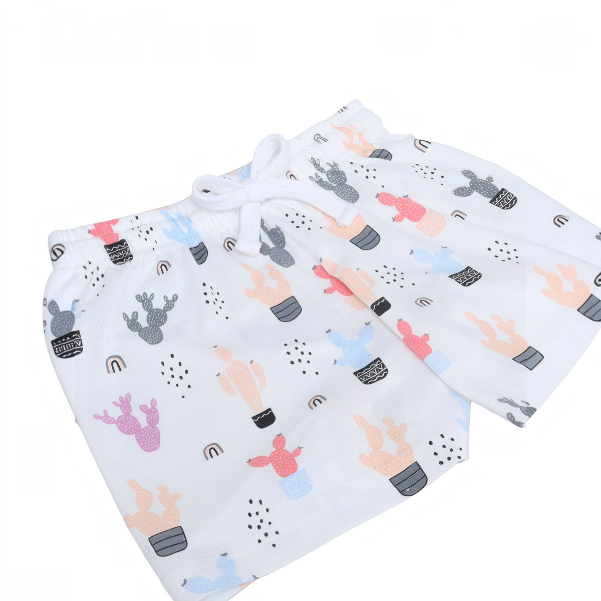 victor and jane girls white cotton shorts featuring a colorful cactus and rainbow print with a drawstring waist