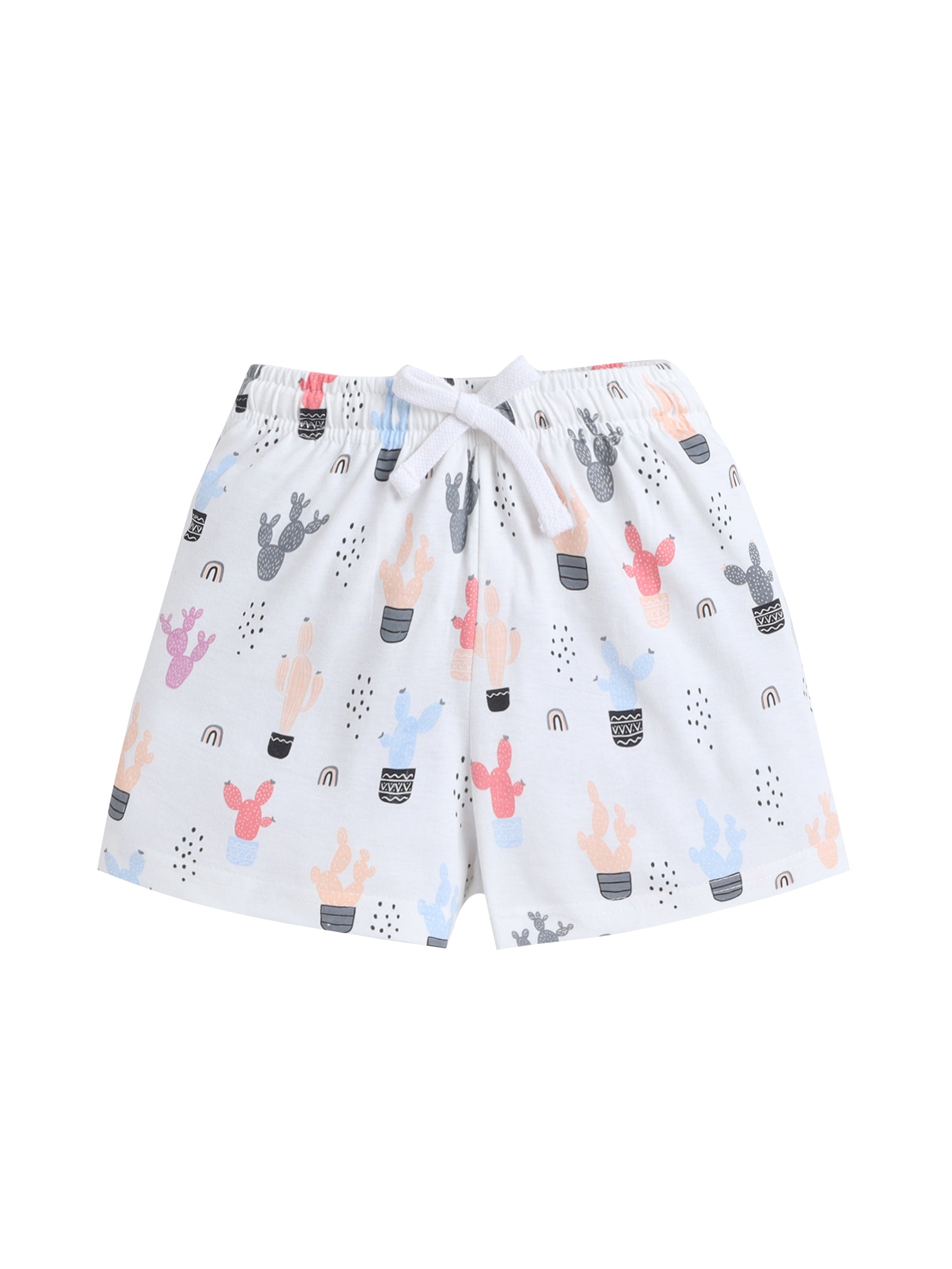 Girls Cactus Print Cotton Pajama Set “ T-Shirt & Shorts Nightwear