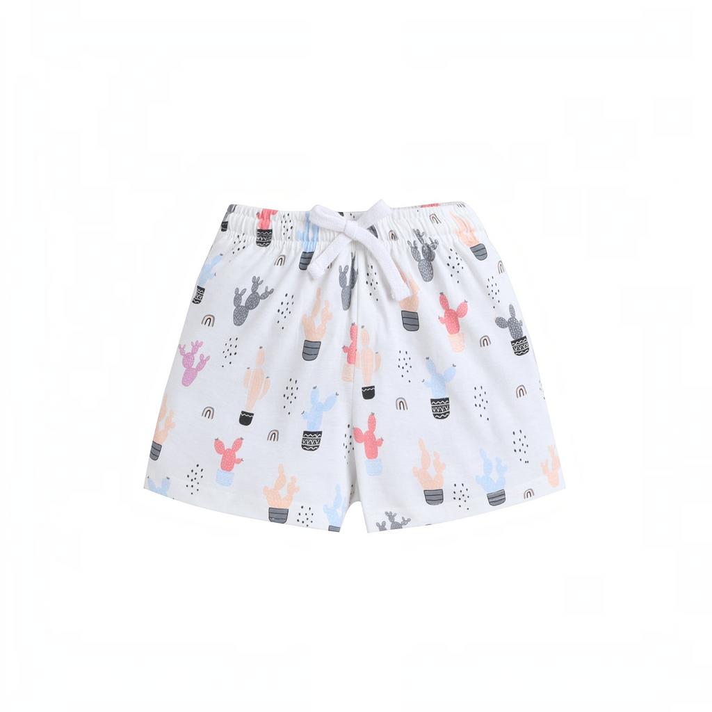 victor and jane girls white cotton shorts featuring a playful cactus print and a comfortable elastic drawstring waist
