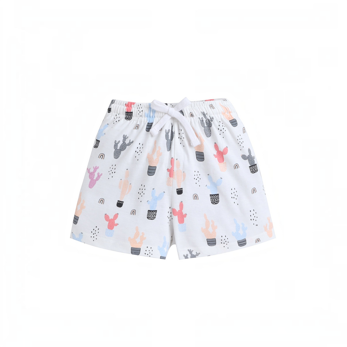 victor and jane girls white cotton shorts featuring a playful cactus print and a comfortable elastic drawstring waist