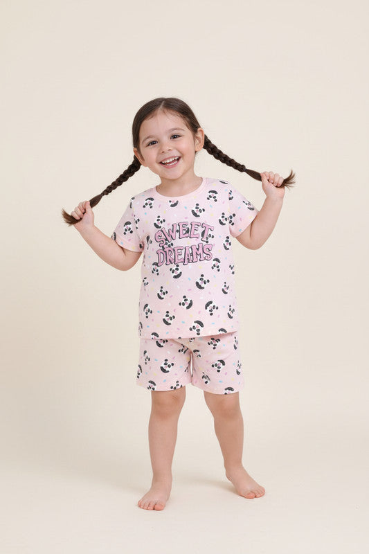 Girls Sweet Dreams Print Cotton Pajama Set “ T-Shirt & Shorts Nightwear