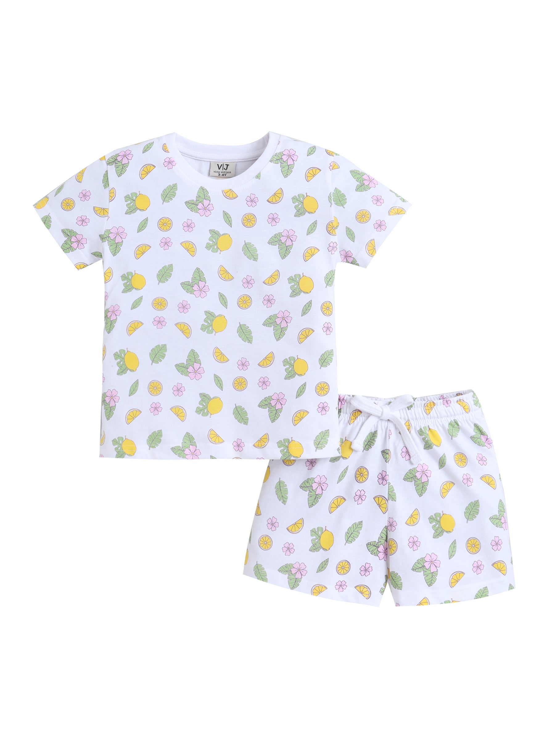 Girls Lemon Print Cotton Pajama Set “ T-Shirt & Shorts Nightwear