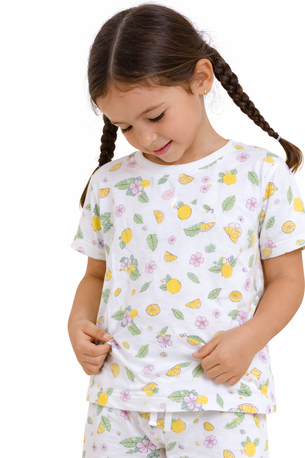 Girls Lemon Print Cotton Pajama Set “ T-Shirt & Shorts Nightwear