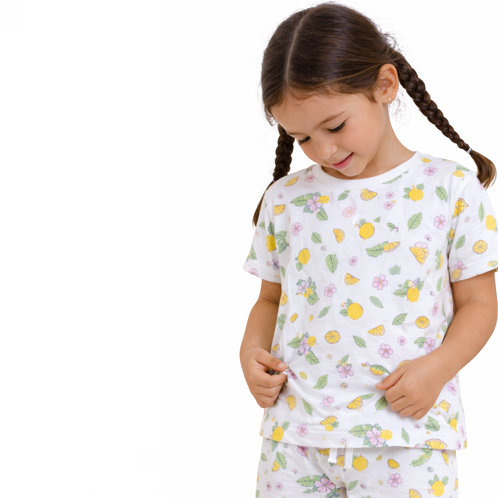 Young girl wearing a victor and jane white t-shirt featuring a colorful lemon and floral print pattern