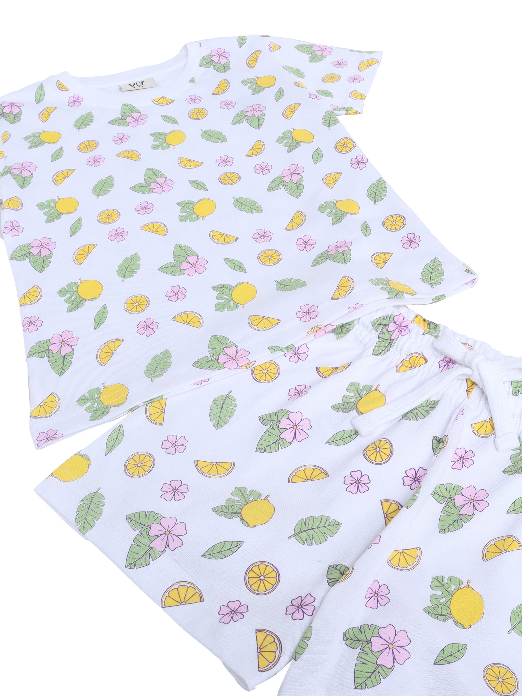 Girls Lemon Print Cotton Pajama Set “ T-Shirt & Shorts Nightwear