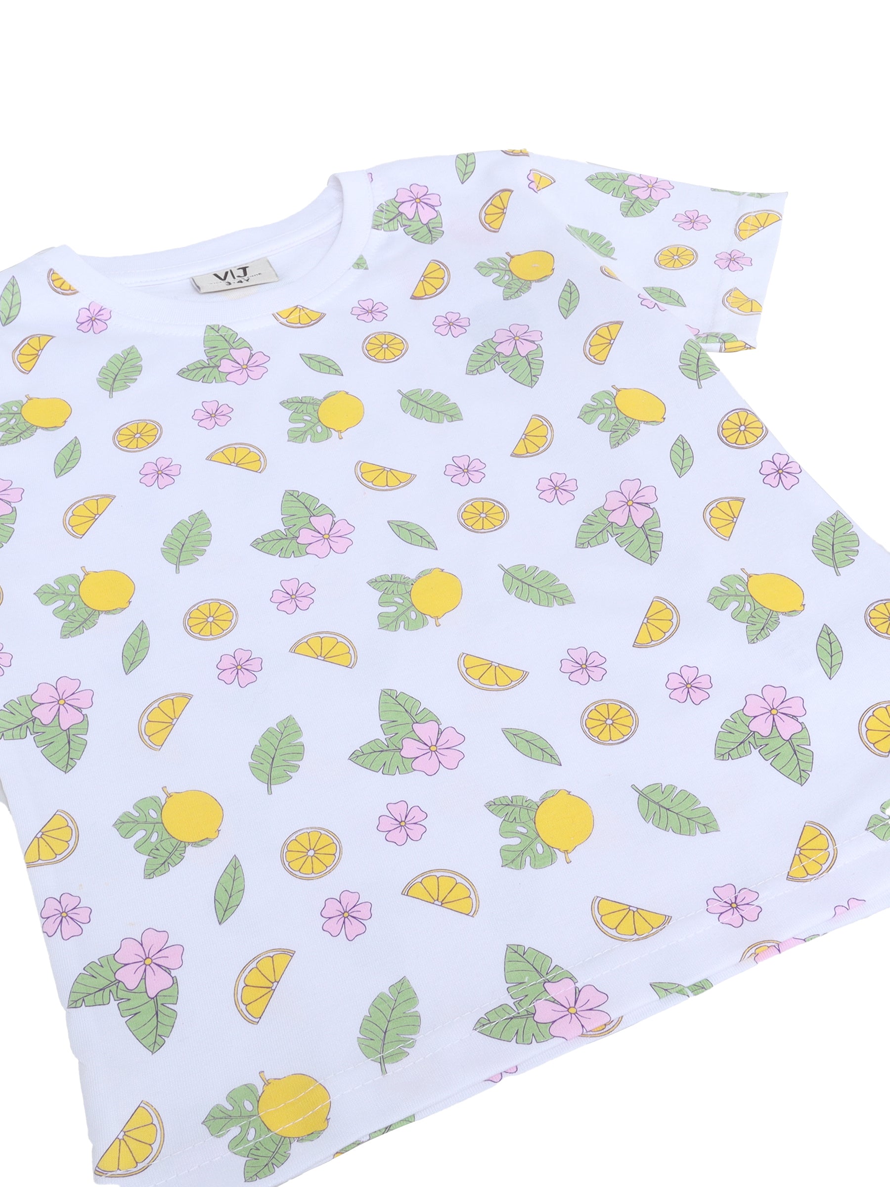 Girls Lemon Print Cotton Pajama Set “ T-Shirt & Shorts Nightwear