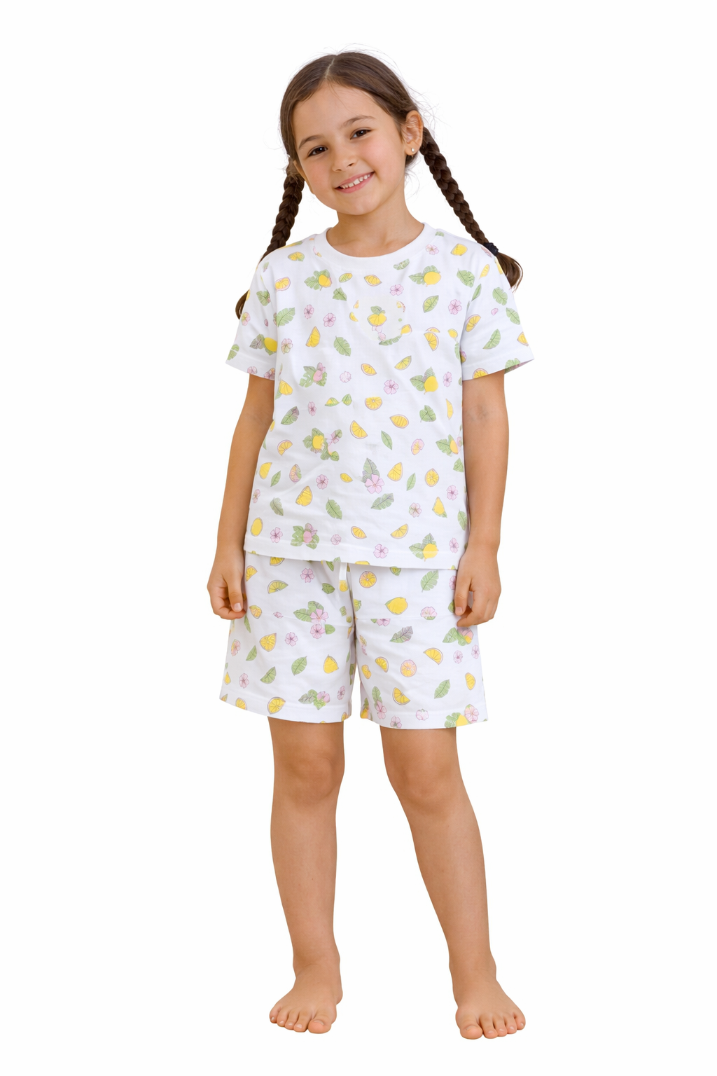 Girls Lemon Print Cotton Pajama Set – T-Shirt & Shorts Nightwear