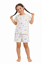 Girls Lemon Print Cotton Pajama Set “ T-Shirt & Shorts Nightwear