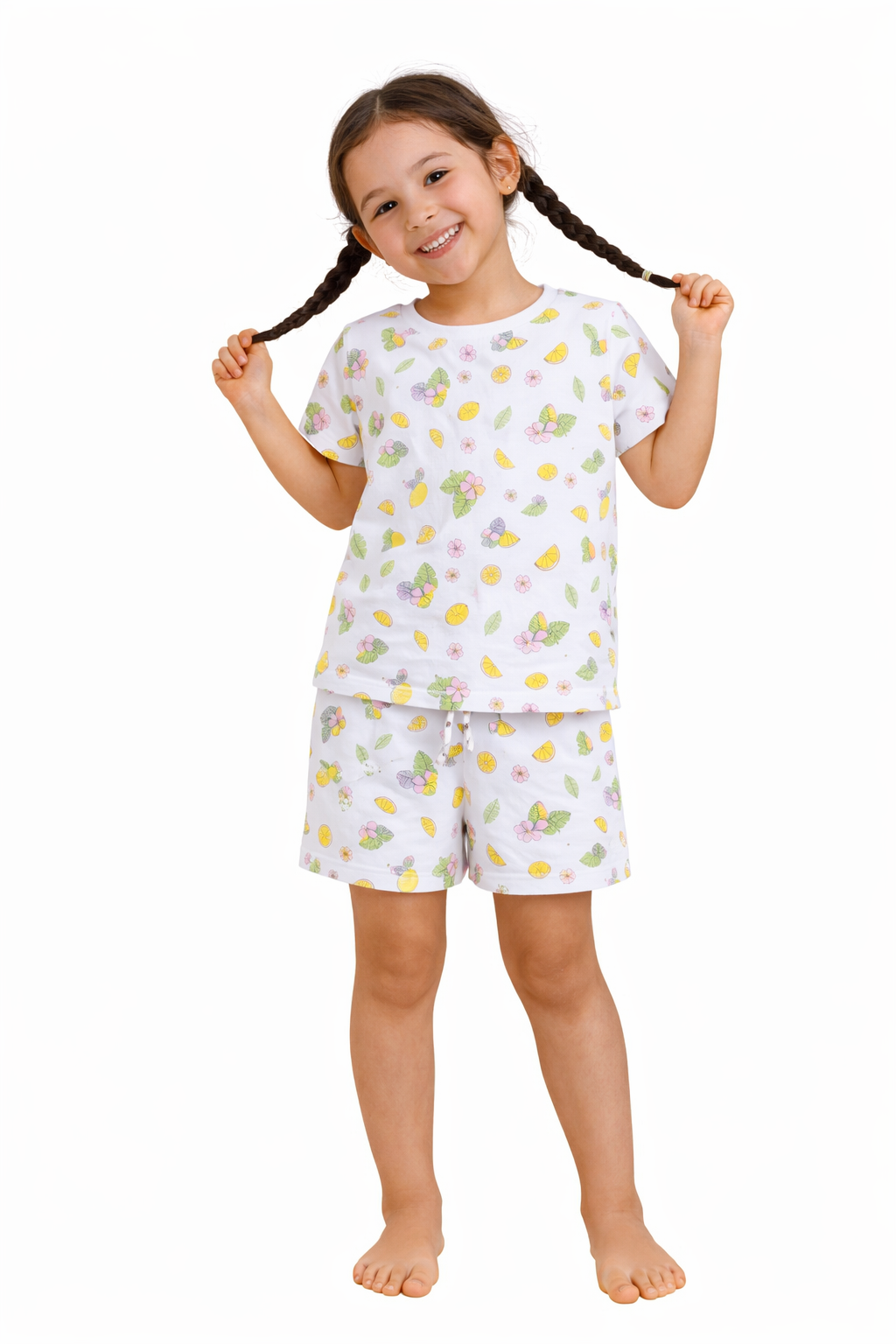 Girls Lemon Print Cotton Pajama Set “ T-Shirt & Shorts Nightwear