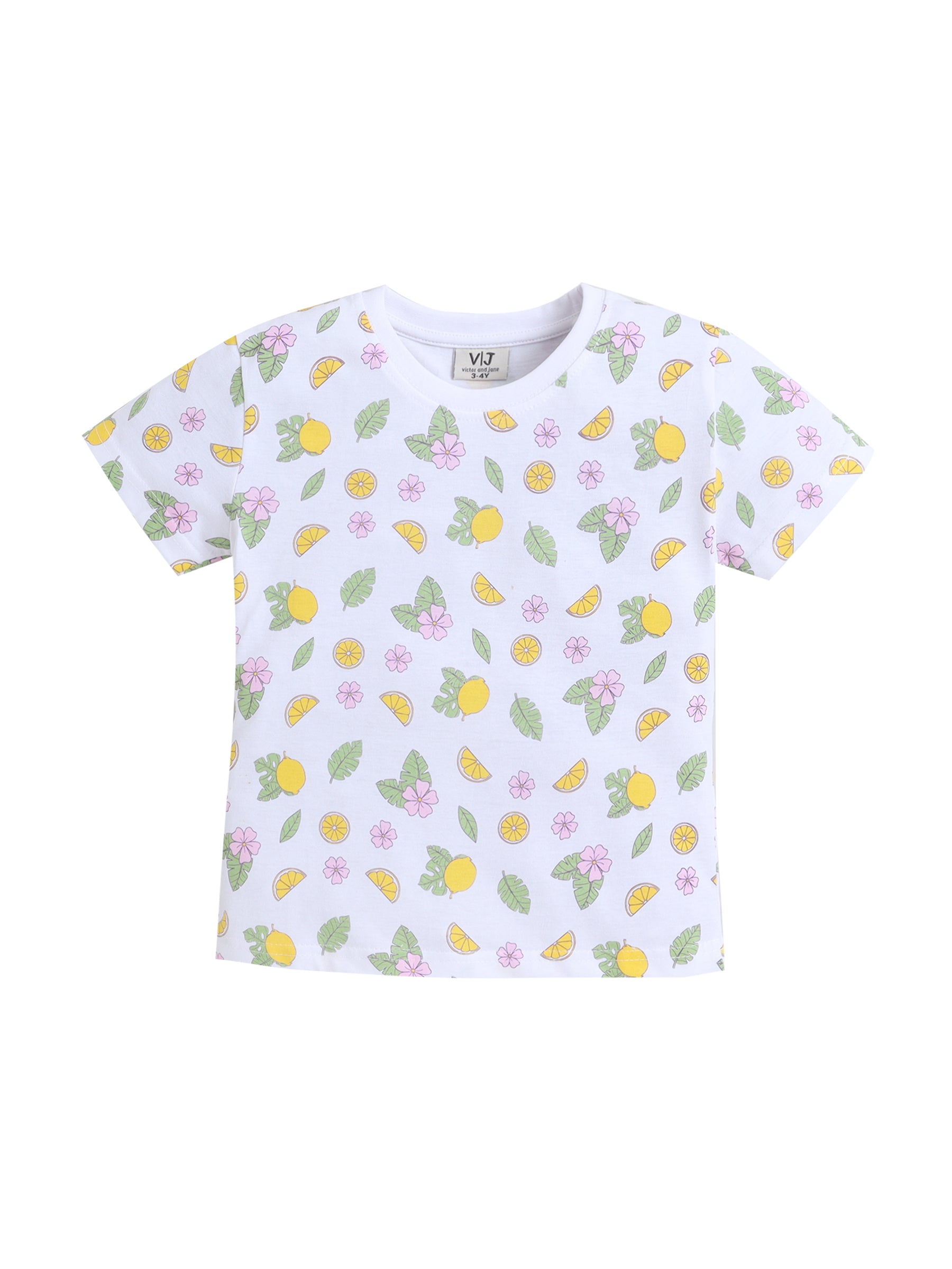 Girls Lemon Print Cotton Pajama Set “ T-Shirt & Shorts Nightwear