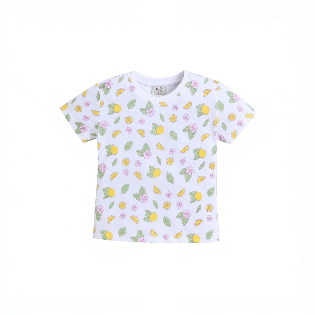 victor and jane girls white short sleeve t-shirt with a vibrant yellow lemon and pink flower print pattern
