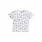 victor and jane girls white short sleeve t-shirt with a vibrant yellow lemon and pink flower print pattern