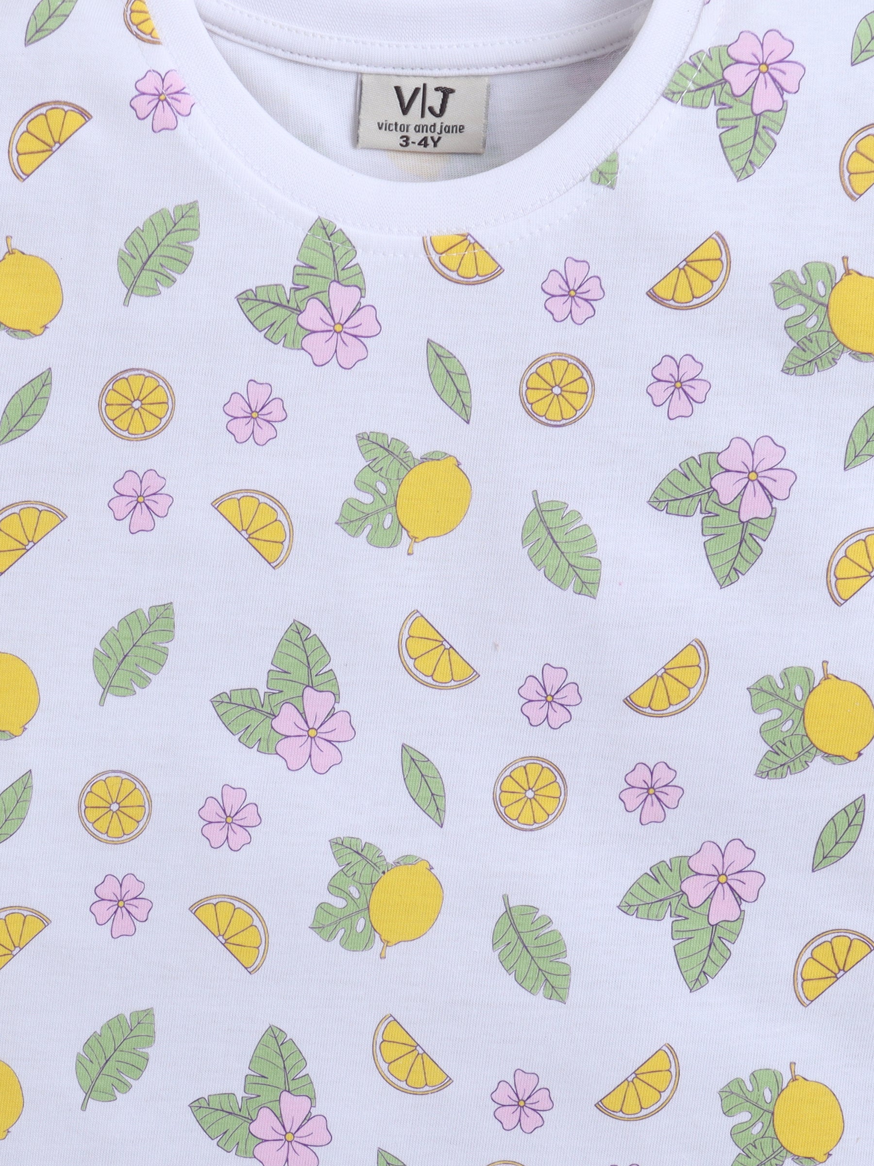 Girls Lemon Print Cotton Pajama Set “ T-Shirt & Shorts Nightwear