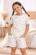 Girls Lemon Print Cotton Pajama Set “ T-Shirt & Shorts Nightwear