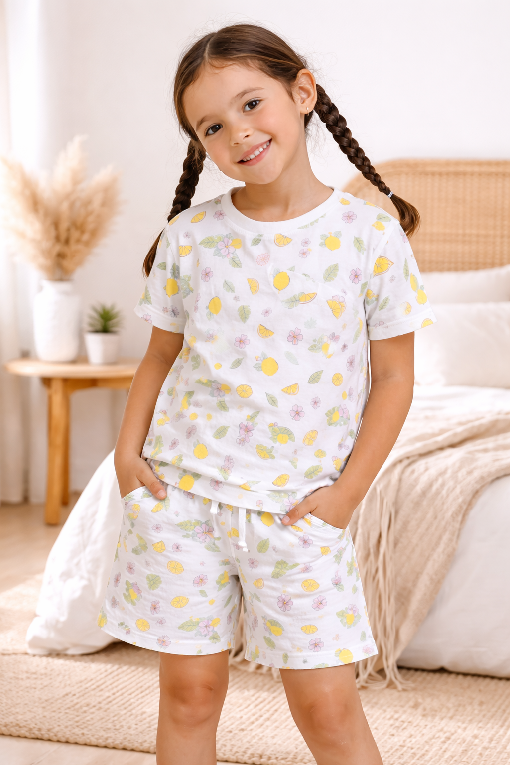 Girls Lemon Print Cotton Pajama Set – T-Shirt & Shorts Nightwear