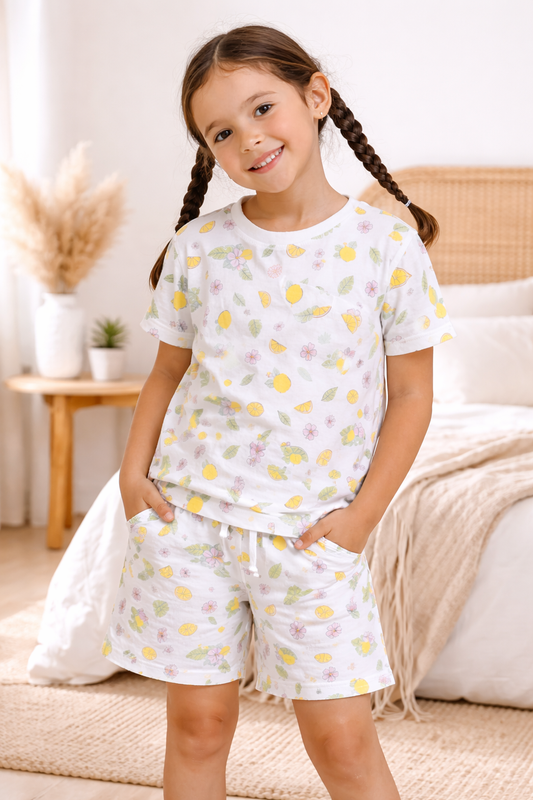 Girls Lemon Print Cotton Pajama Set – T-Shirt & Shorts Nightwear