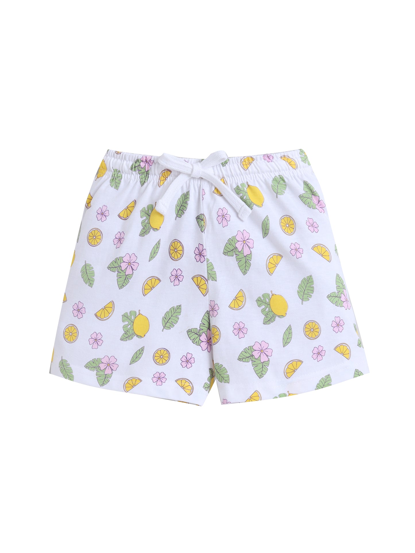 Girls Lemon Print Cotton Pajama Set – T-Shirt & Shorts Nightwear