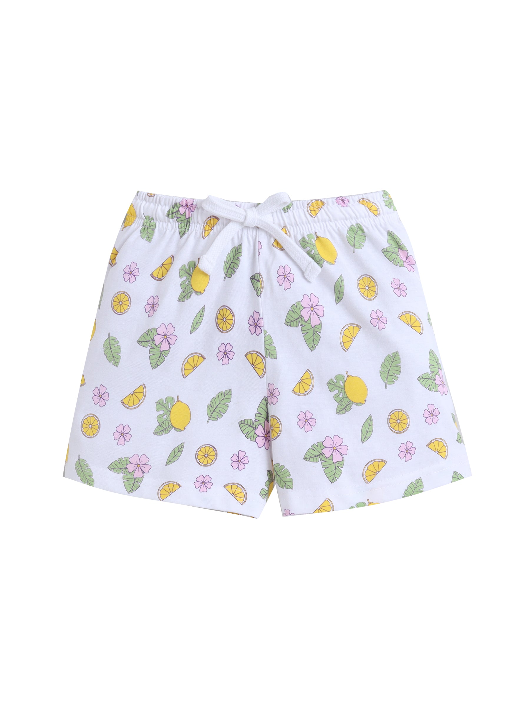 Girls Lemon Print Cotton Pajama Set “ T-Shirt & Shorts Nightwear