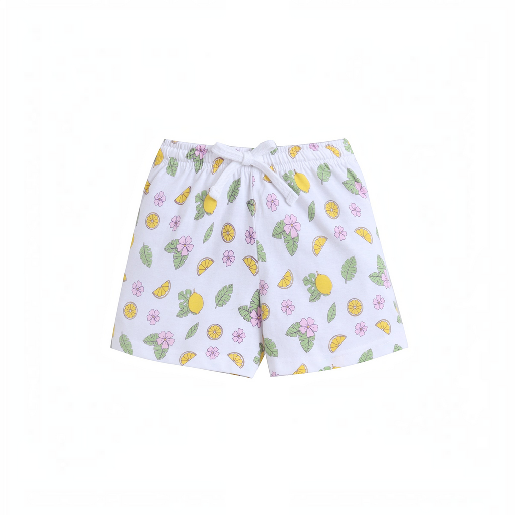 victor and jane girls white cotton shorts featuring a colourful lemon and floral print with an elastic drawstring