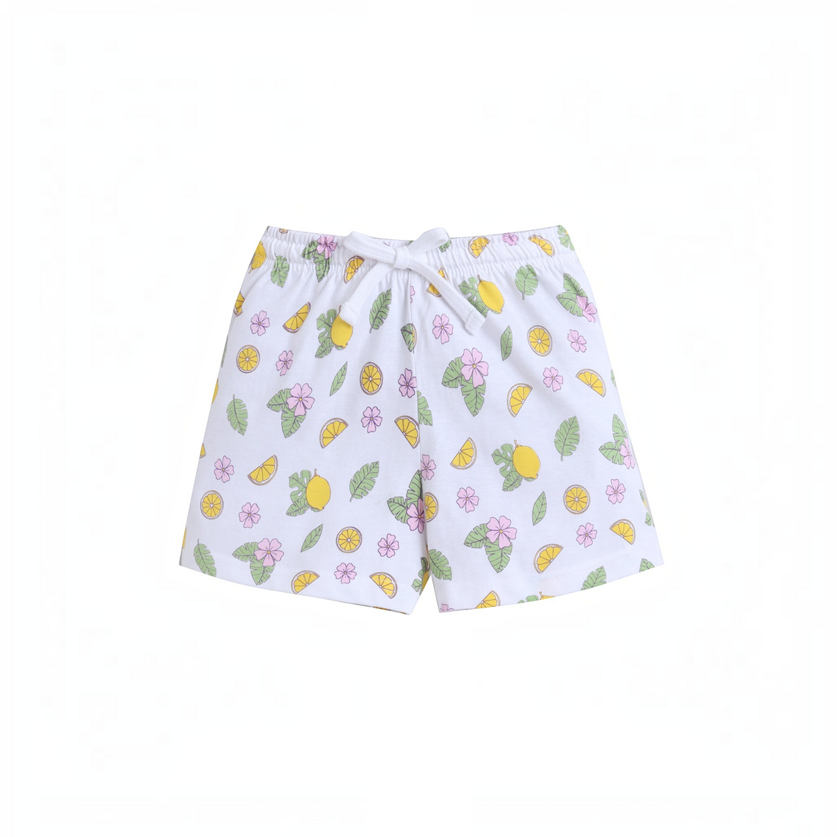 victor and jane girls white cotton shorts featuring a colourful lemon and floral print with an elastic drawstring