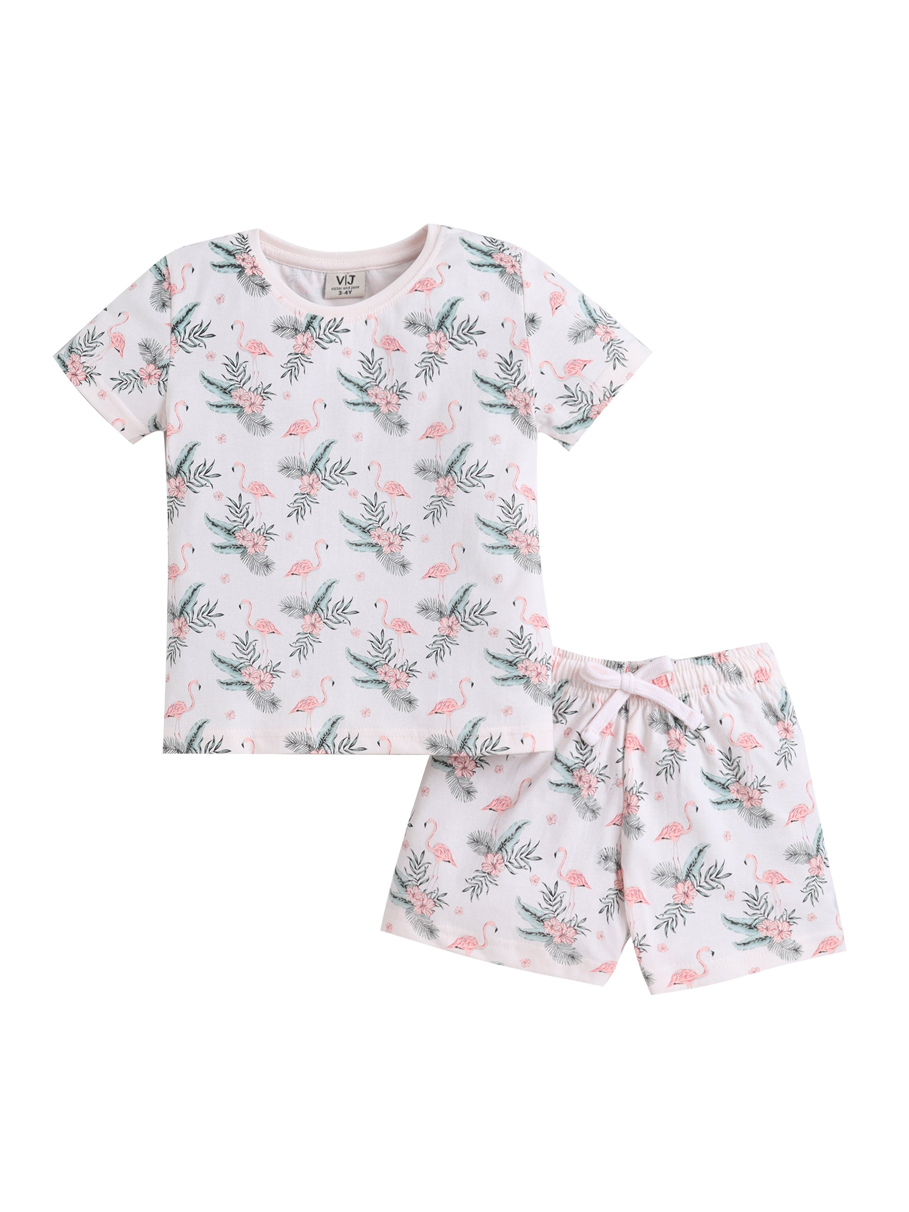 Girls Flamingo Print Cotton Pajama Set “ T-Shirt & Shorts Nightwear