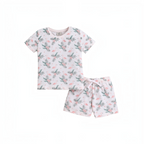 victor and jane girls short sleeve t-shirt and shorts set featuring a pink flamingo and tropical leaf print