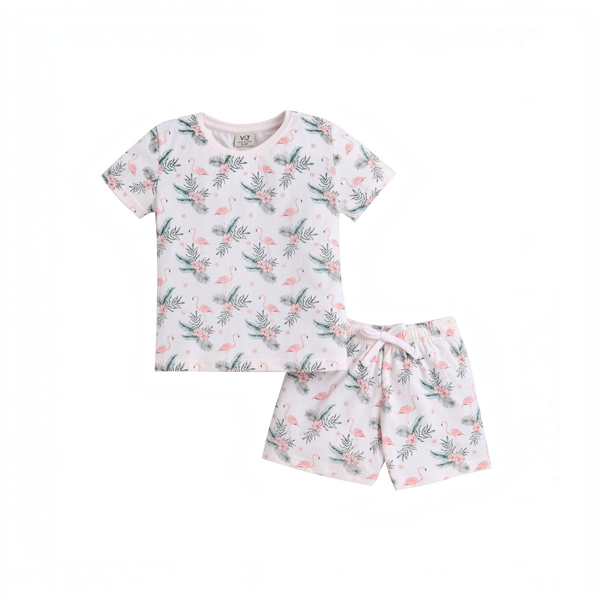 victor and jane girls short sleeve t-shirt and shorts set featuring a pink flamingo and tropical leaf print