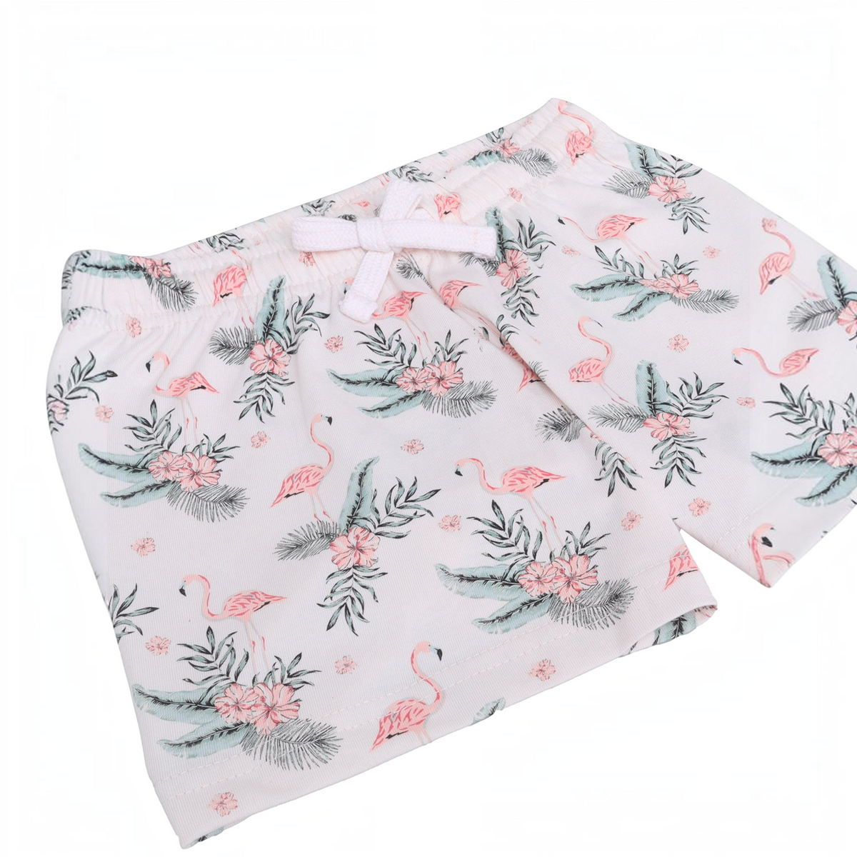 victor and jane girls white cotton shorts featuring a pink flamingo and tropical floral print with a drawstring waist
