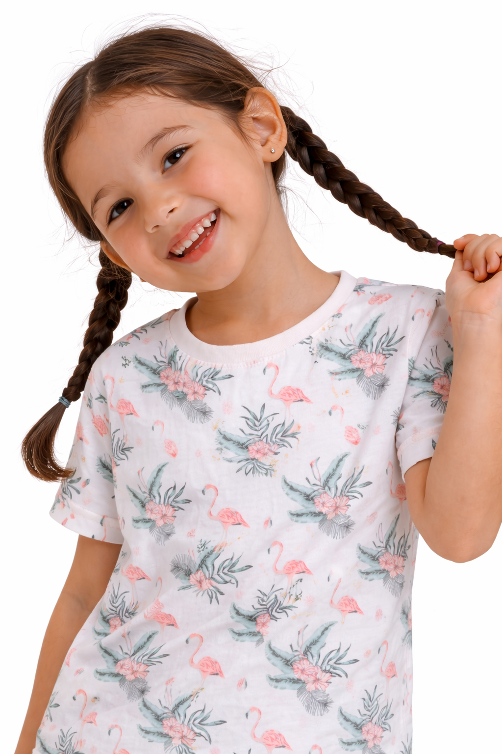 Girls Flamingo Print Cotton Pajama Set “ T-Shirt & Shorts Nightwear
