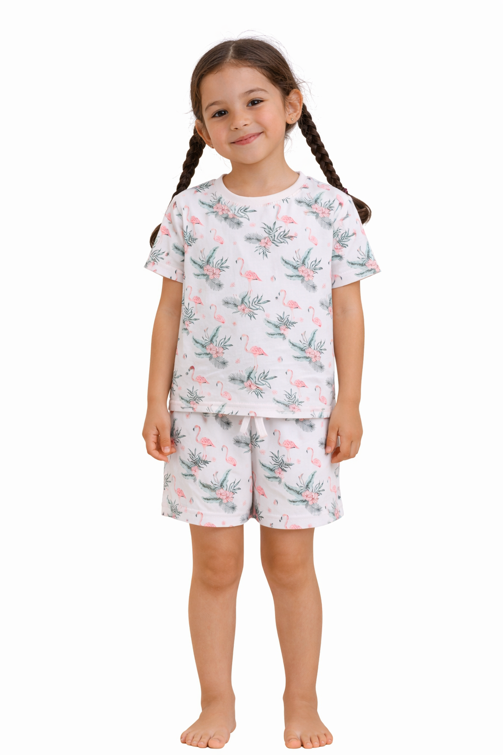 Girls Flamingo Print Cotton Pajama Set – T-Shirt & Shorts Nightwear