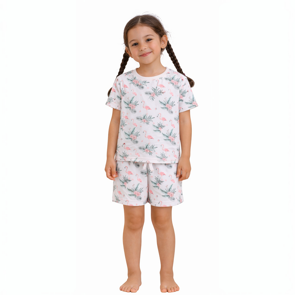 Young girl wearing a victor and jane white short-sleeve t-shirt and shorts set with a pink flamingo and leaf print.