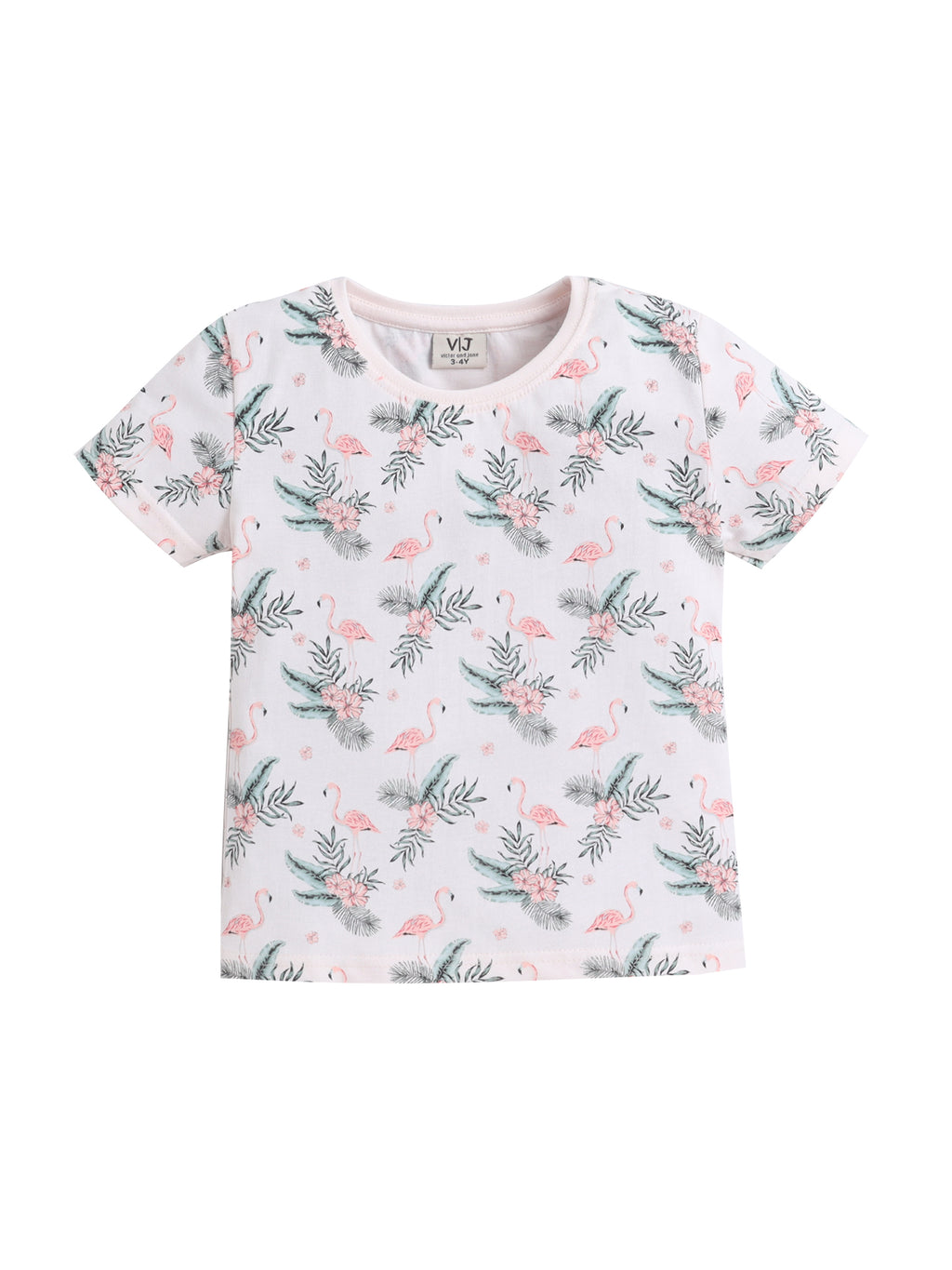 Girls Flamingo Print Cotton Pajama Set “ T-Shirt & Shorts Nightwear