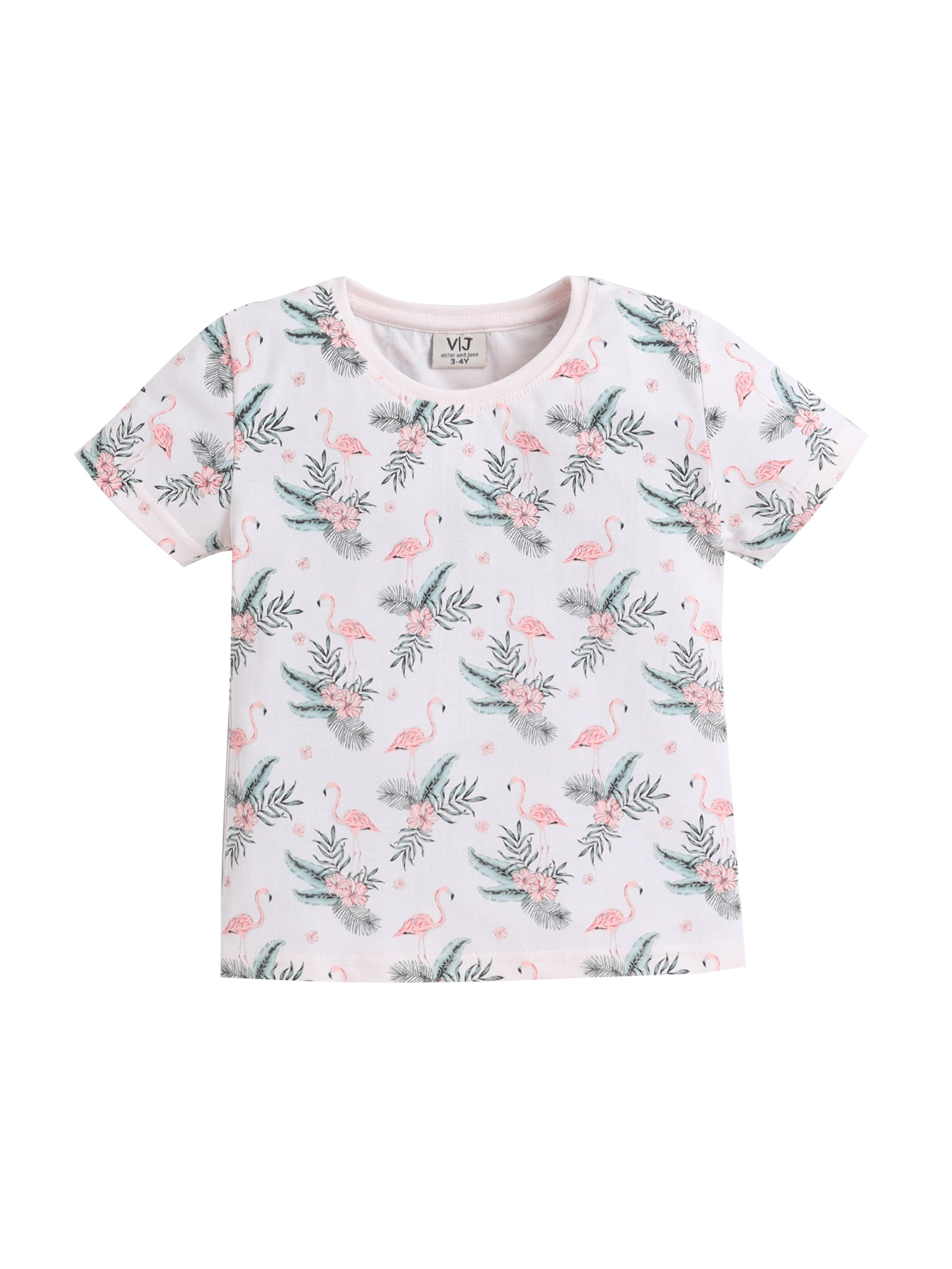 Girls Flamingo Print Cotton Pajama Set “ T-Shirt & Shorts Nightwear