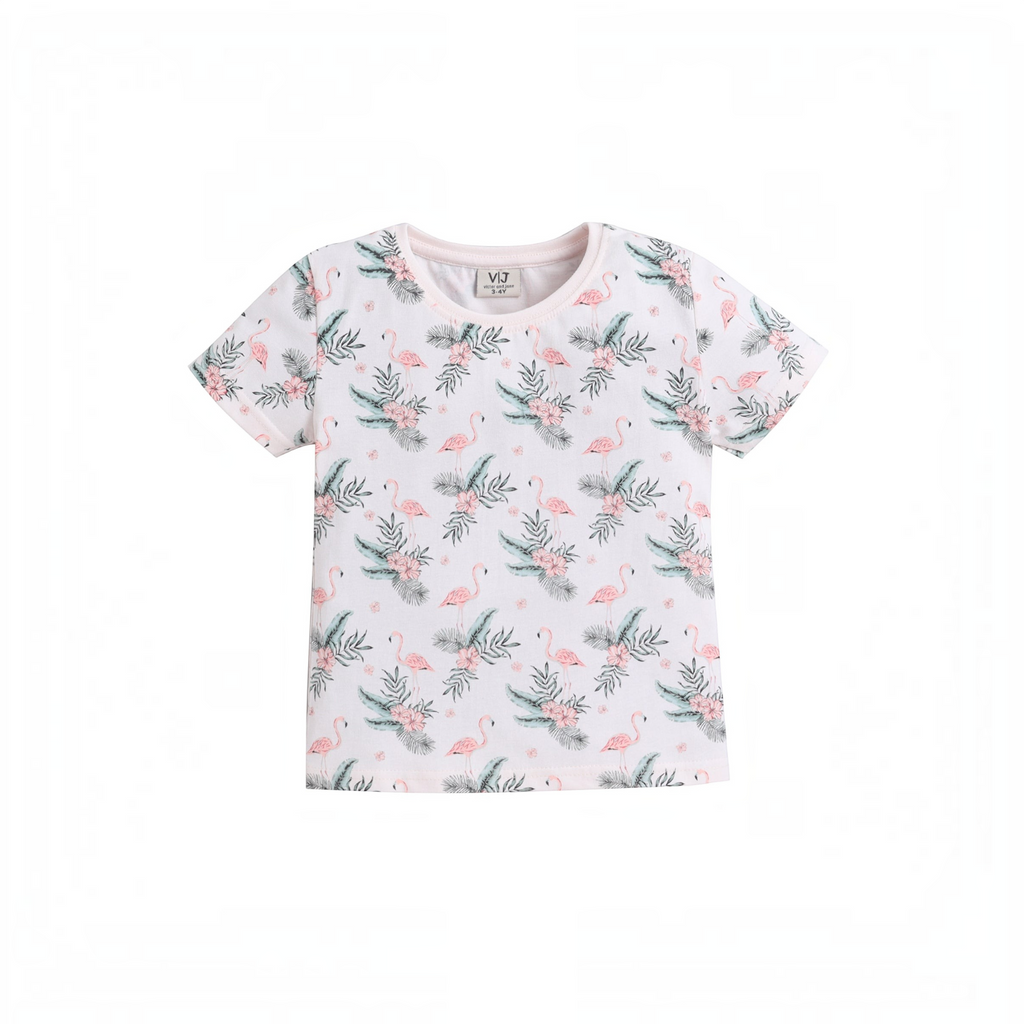 victor and jane girls short sleeve t-shirt featuring a pink flamingo and tropical leaf print on a white background
