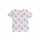 victor and jane girls short sleeve t-shirt featuring a pink flamingo and tropical leaf print on a white background