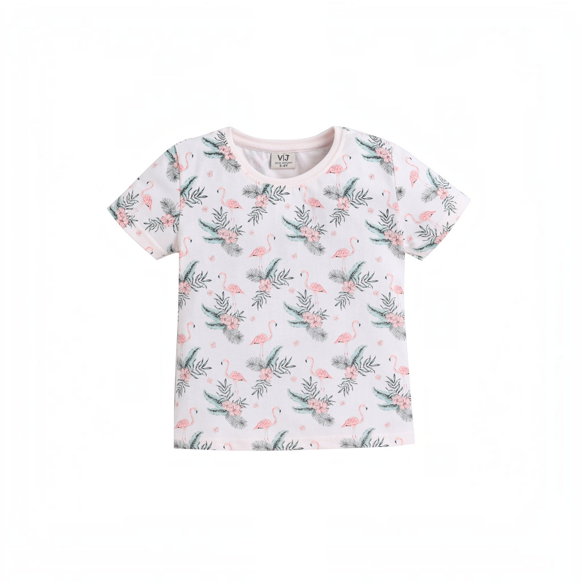 victor and jane girls short sleeve t-shirt featuring a pink flamingo and tropical leaf print on a white background