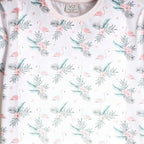 victor and jane girls t-shirt in light pink with a tropical flamingo, flower, and palm leaf print pattern