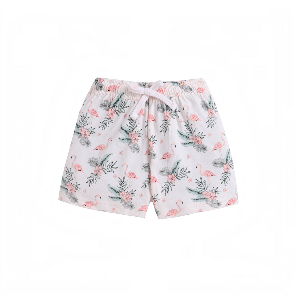 victor and jane girls shorts in white with a pink flamingo and tropical leaf print and an elastic drawstring waist