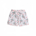 victor and jane girls shorts in white with a pink flamingo and tropical leaf print and an elastic drawstring waist