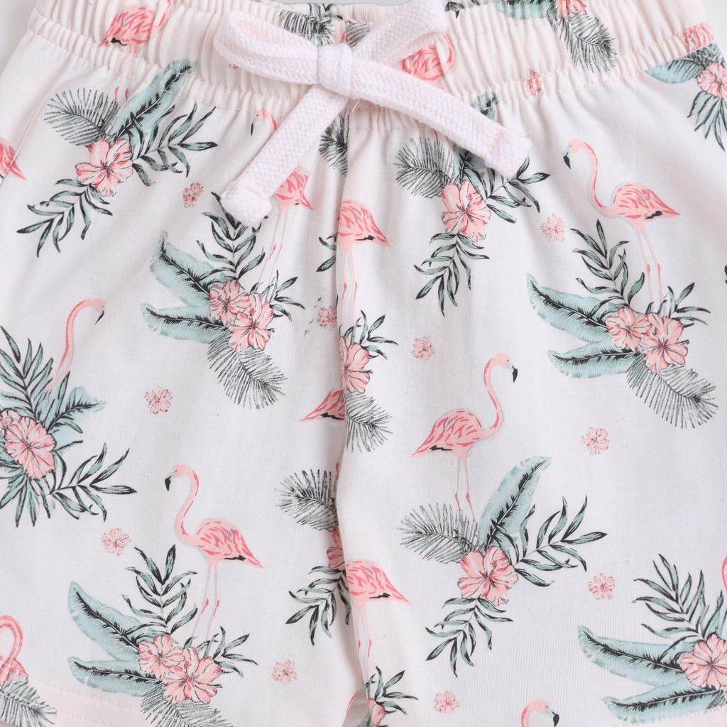 victor and jane girls shorts featuring a pink flamingo and tropical floral print with an elastic drawstring waist