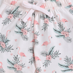 victor and jane girls shorts featuring a pink flamingo and tropical floral print with an elastic drawstring waist
