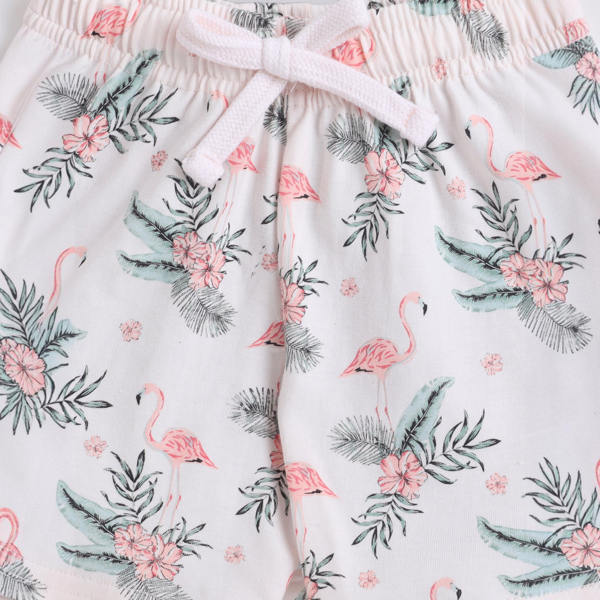 victor and jane girls shorts featuring a pink flamingo and tropical floral print with an elastic drawstring waist