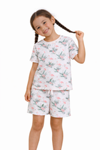 Girls Flamingo Print Cotton Pajama Set “ T-Shirt & Shorts Nightwear