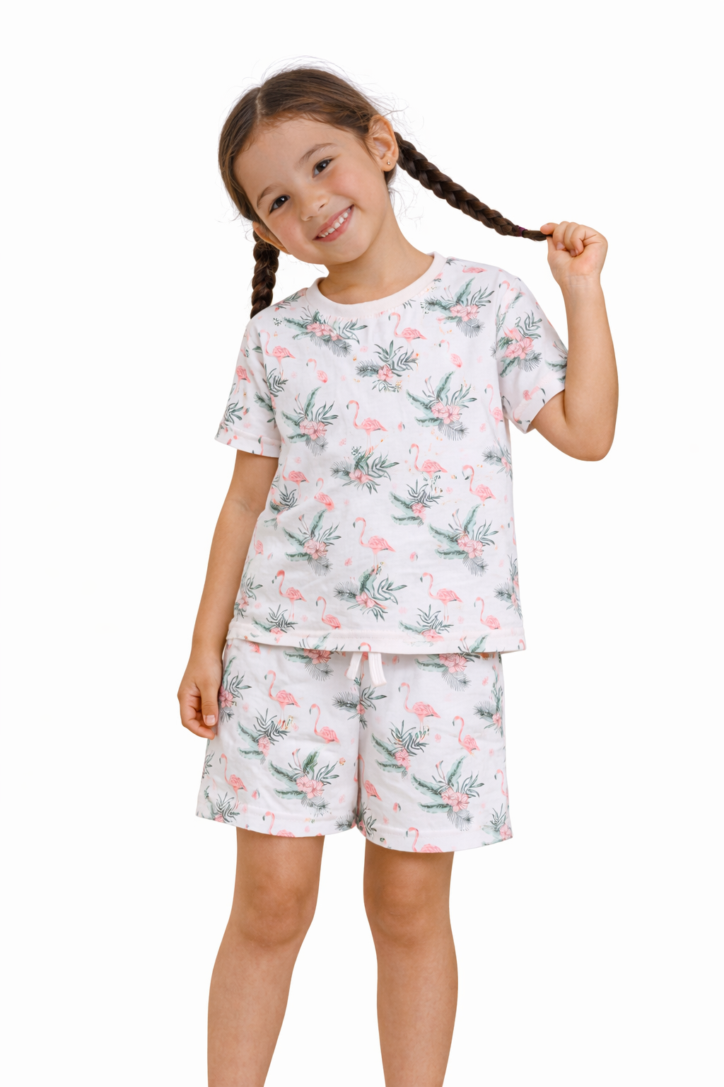 Girls Flamingo Print Cotton Pajama Set “ T-Shirt & Shorts Nightwear