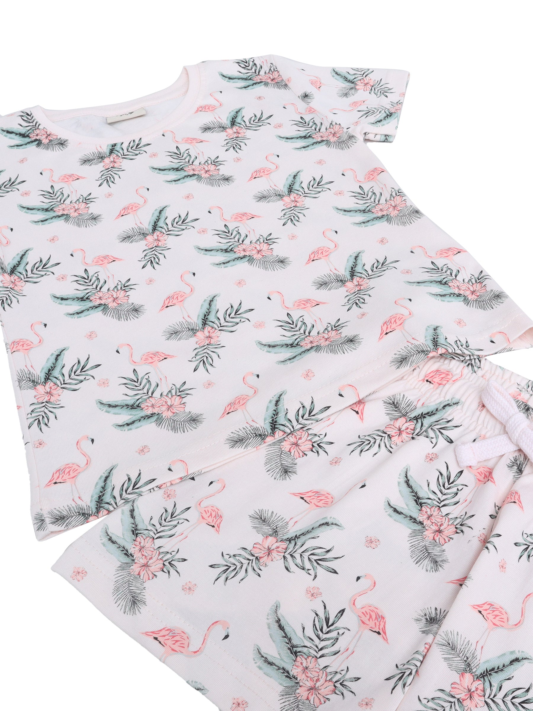 Girls Flamingo Print Cotton Pajama Set “ T-Shirt & Shorts Nightwear