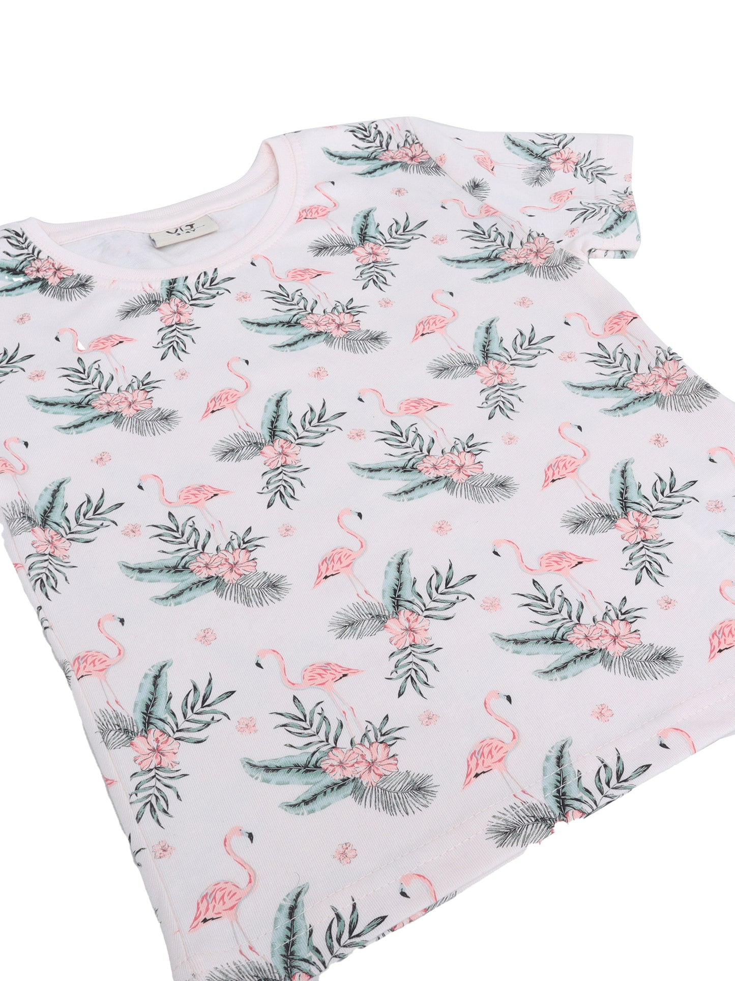 Girls Flamingo Print Cotton Pajama Set – T-Shirt & Shorts Nightwear