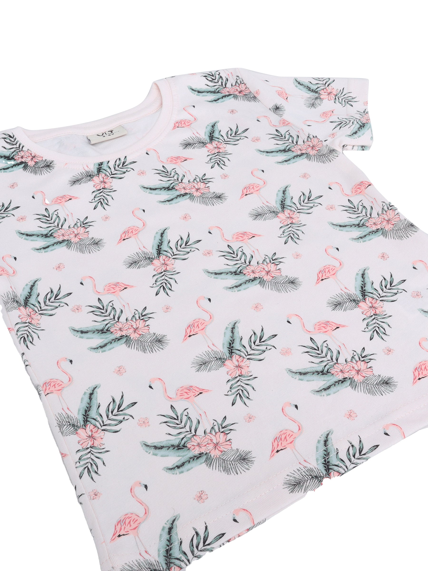Girls Flamingo Print Cotton Pajama Set “ T-Shirt & Shorts Nightwear