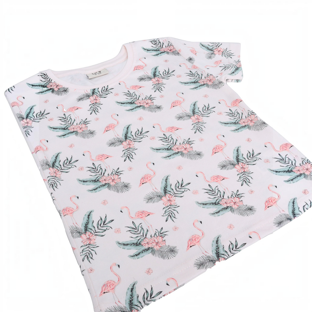victor and jane girls short sleeve t-shirt in light pink with a tropical flamingo and floral print pattern